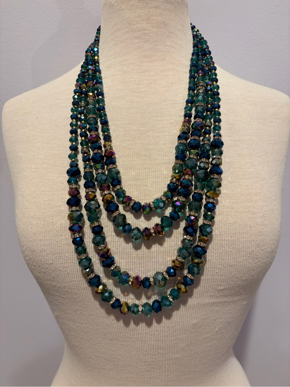 Multistrand Teal and Iridescent Beaded Necklace - Women Jewelry
